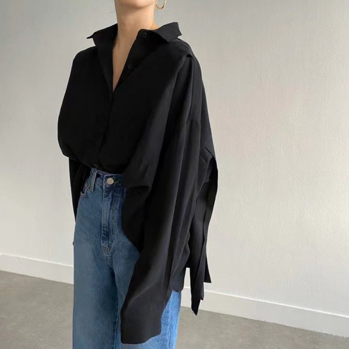 Women's Loose Back Pleated Lapel Long Sleeve Shirt