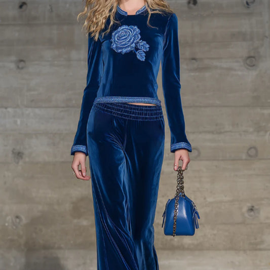 Classic Blue Round Neck Rose Embroidered Top And Flared Pants Set