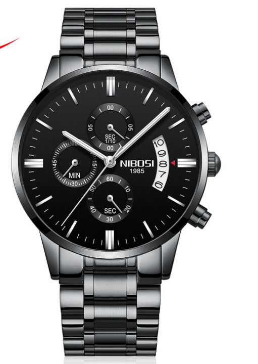 Solid steel belt men's watch waterproof coated glass luminous three-eye 6-pin quartz watch