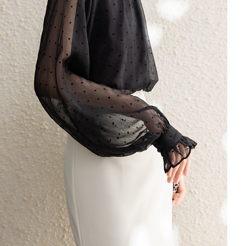 Womens Long-Sleeve Chiffon Blouse With Polka Dots