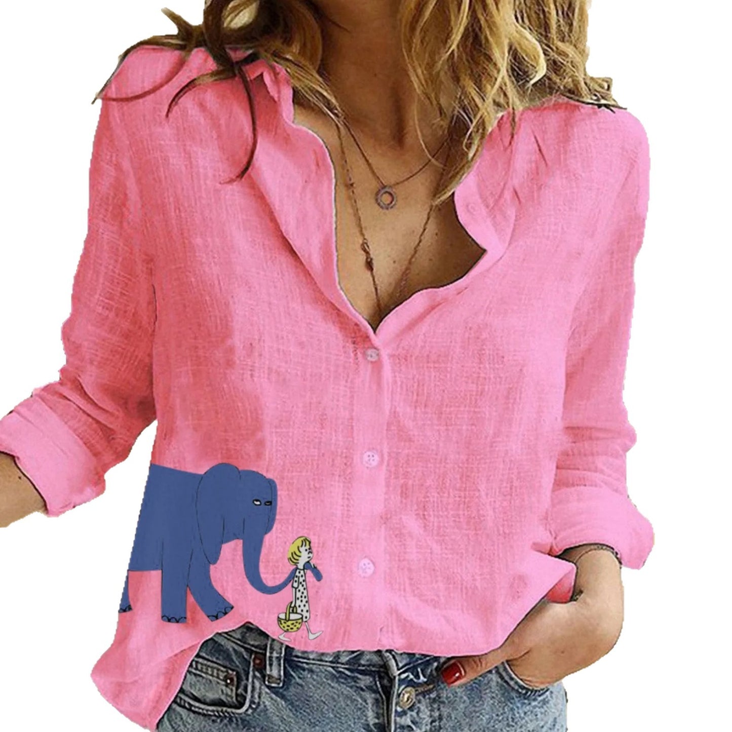 Womens Animal Elephant-Print Long-Sleeve Shirt