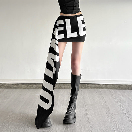 Womens Black And White Letter-Print Asymmetrical Mini Skirt