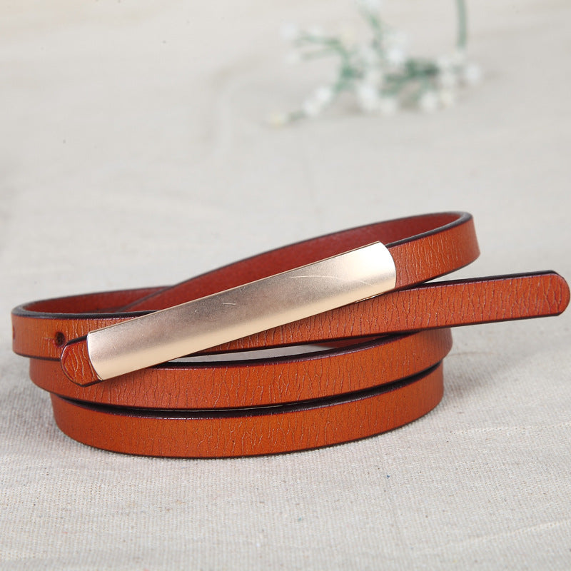 Female leather alloy smooth buckle two-layer leather fine belt