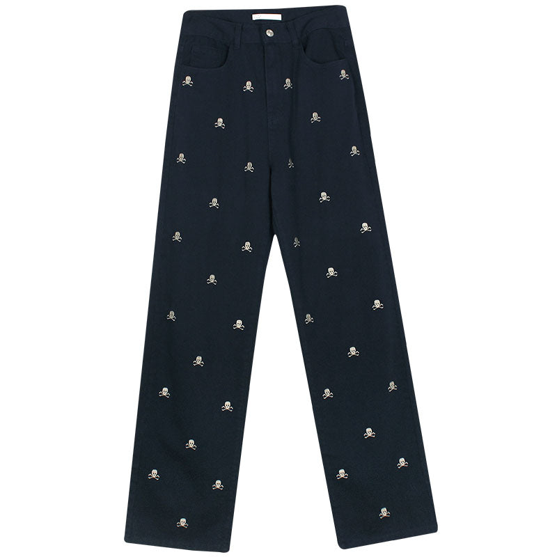 Female Tibetan Blue Skeleton Head Straight Tube Loose Relaxed Pants