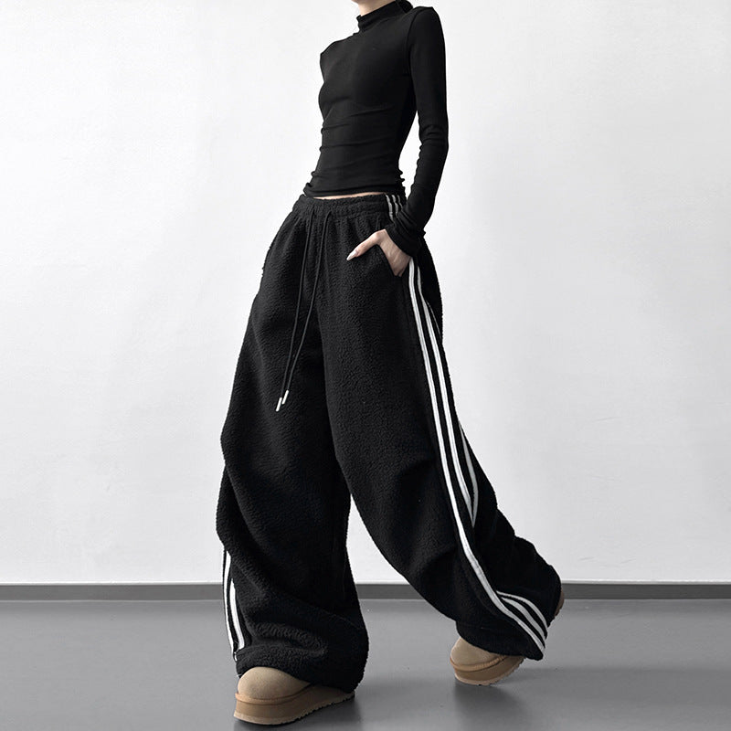 Black Fleece-Trimmed Casual Straight-Leg Track Pants With Three Stripes
