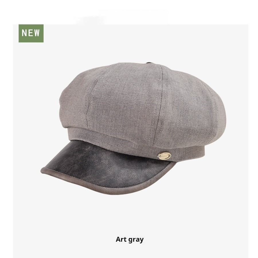 Cotton And Linen Octagonal Cap Artistic Stitching Leather Brim Big Head Suitable