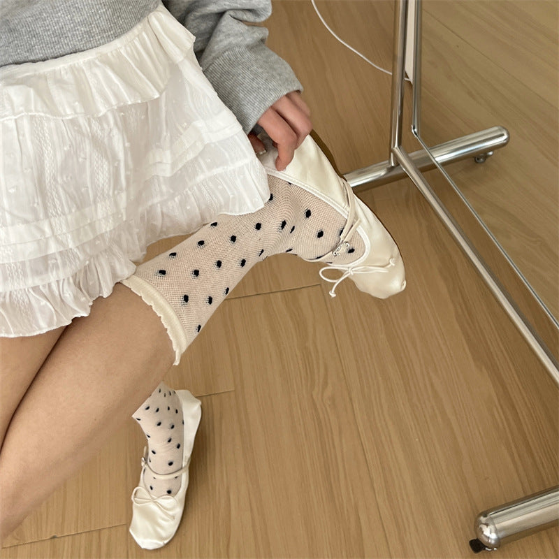 Thin Mesh Hollow Out Floral Bow Mid-calf Length Loose Socks Breathable Sweat Absorbing