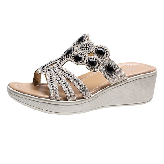Women's Fashion Simple Rhinestone Slope Heel Sandals