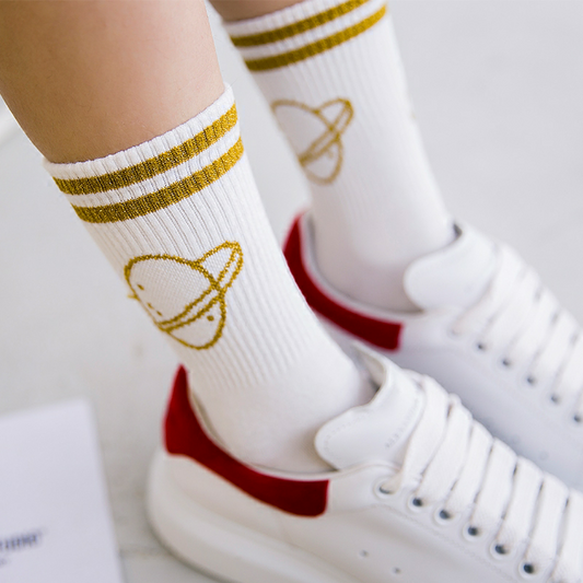 Women's solid color two-bar planet cotton sports socks