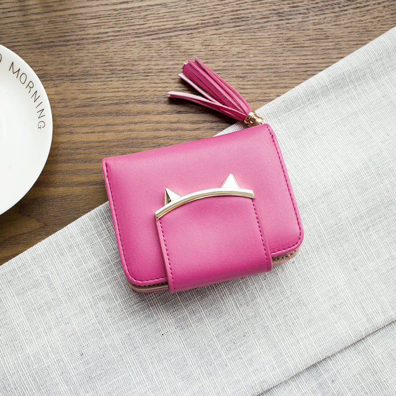 Cute Cat Ears Leather Short Tassel Women Wallet Small Day Clutch Trifold Female Purse ID Coin Card Holder Mini Bag