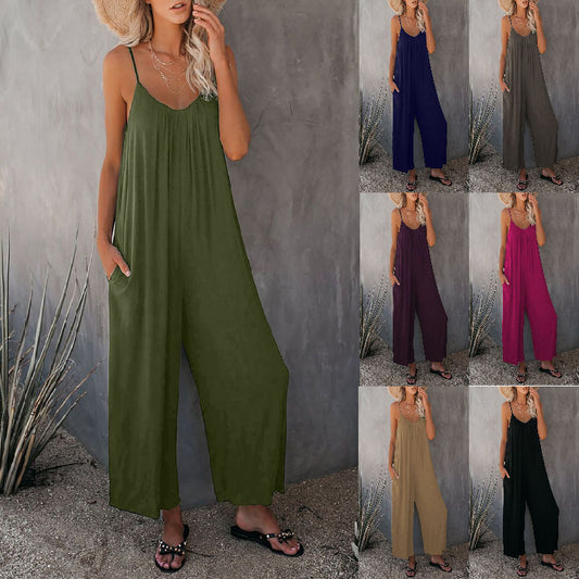 Summer New Solid Color Slip Pocket Casual Jumpsuit