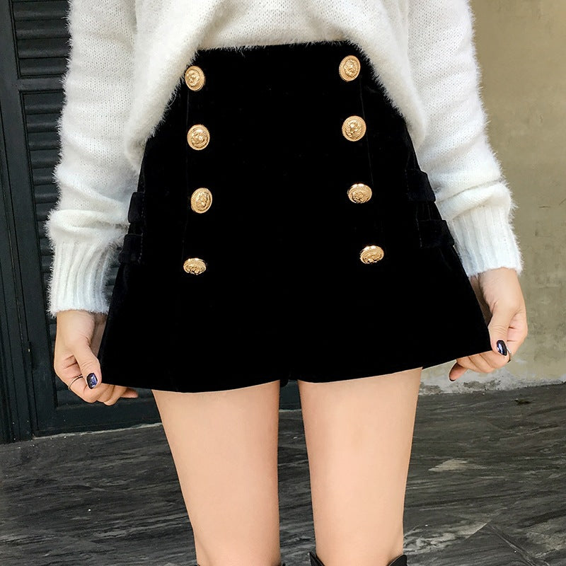 New Autumn and Winter Fashion Golden Velvet Double-breasted Shorts Baolan