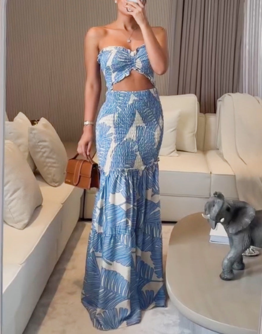 Casual Tie-up Halter Dress With Printed Pleats