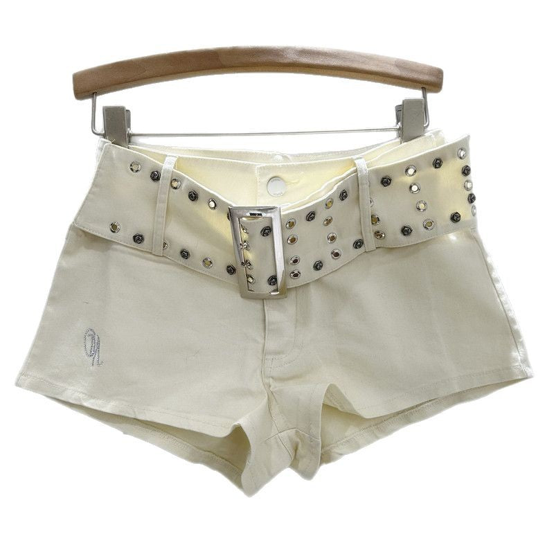 Women's Rose Embellished Rivet Belt Hot Pants