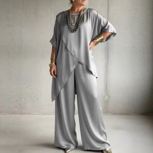 Womens Loose Casual Set With A Crew Neck And Asymmetrical Hem