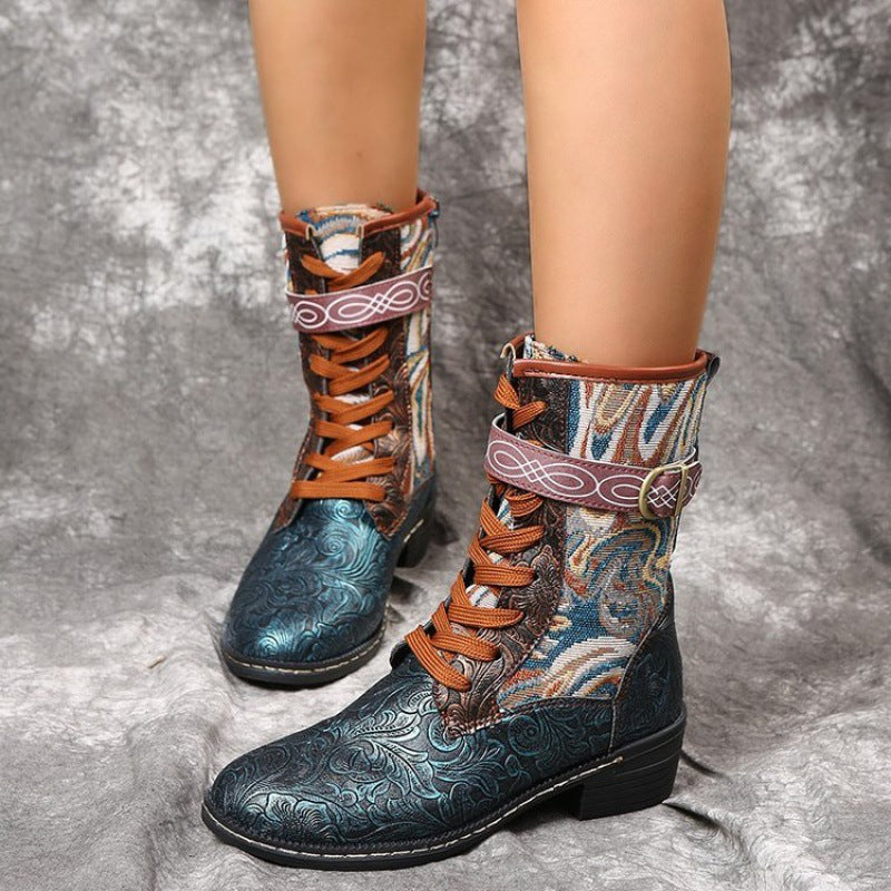 Retro Embroidered Ethnic Style Square Heel Martin Boots