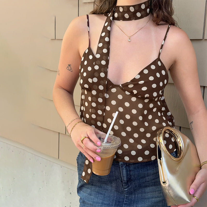 Women's V-neck Backless Polka-dot Camisole, Plus A Complimentary Silk Ribbon