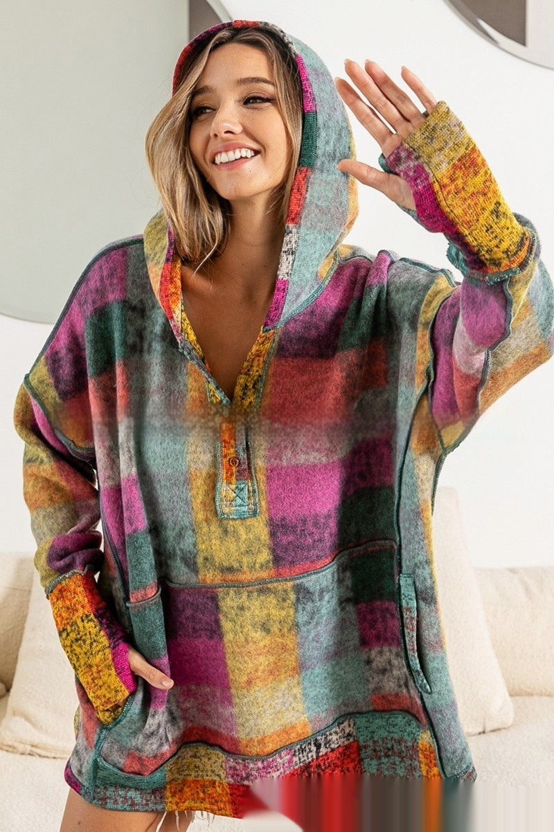 Fashion Color Plaid Hooded Pullover Fleece Sweater Women's Clothing