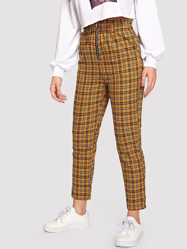 Plaid leaky zipper slacks