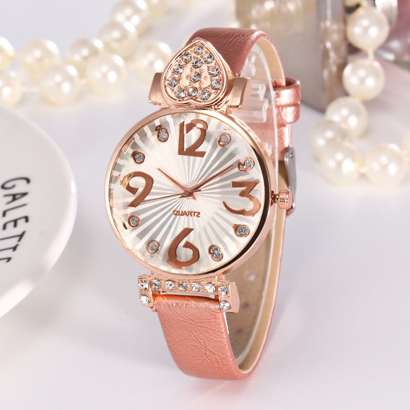 Peach Heart Rhinestone Big Number Belt Female Watch