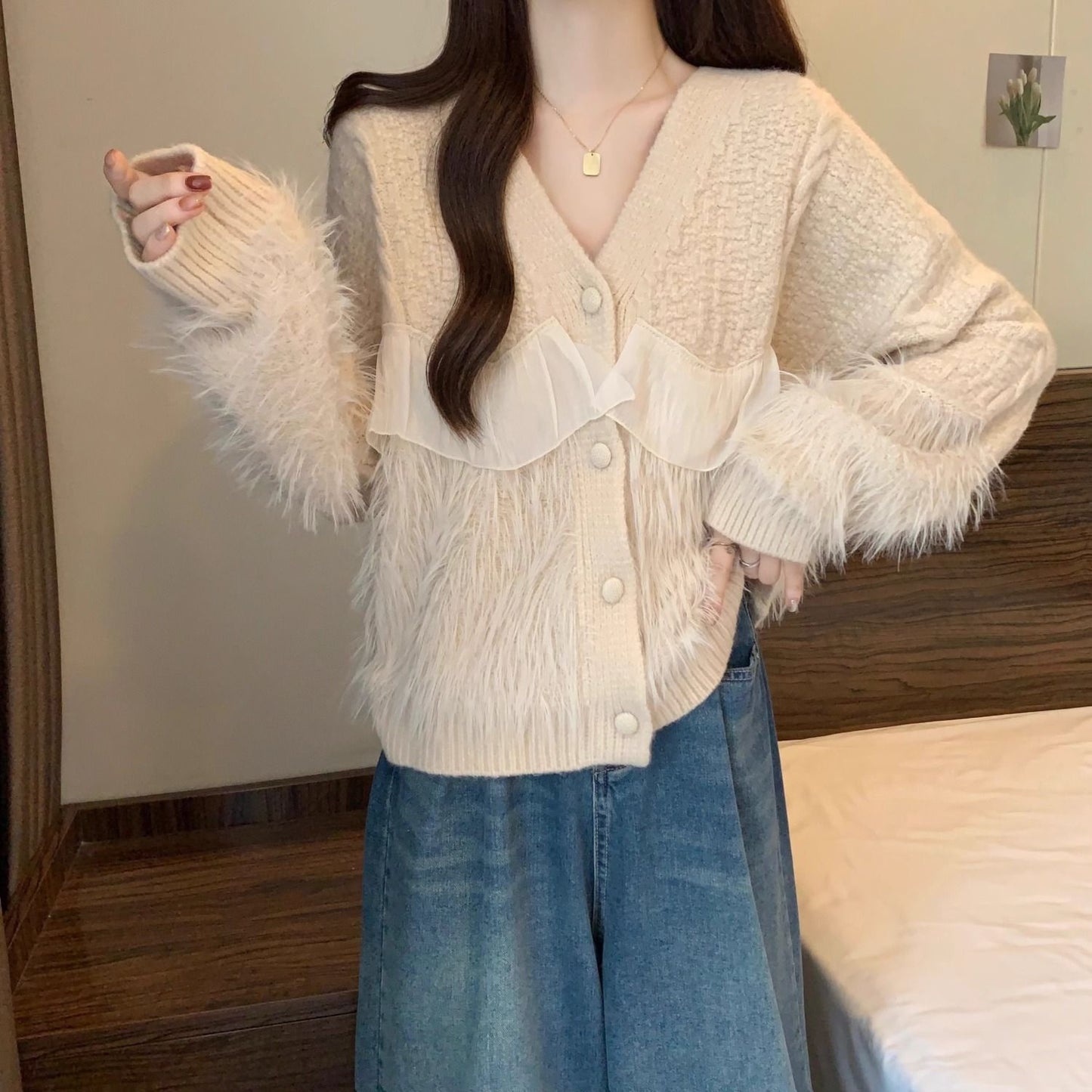 Knitted Cardigan Fringe Collar Temperament Sweater Coat