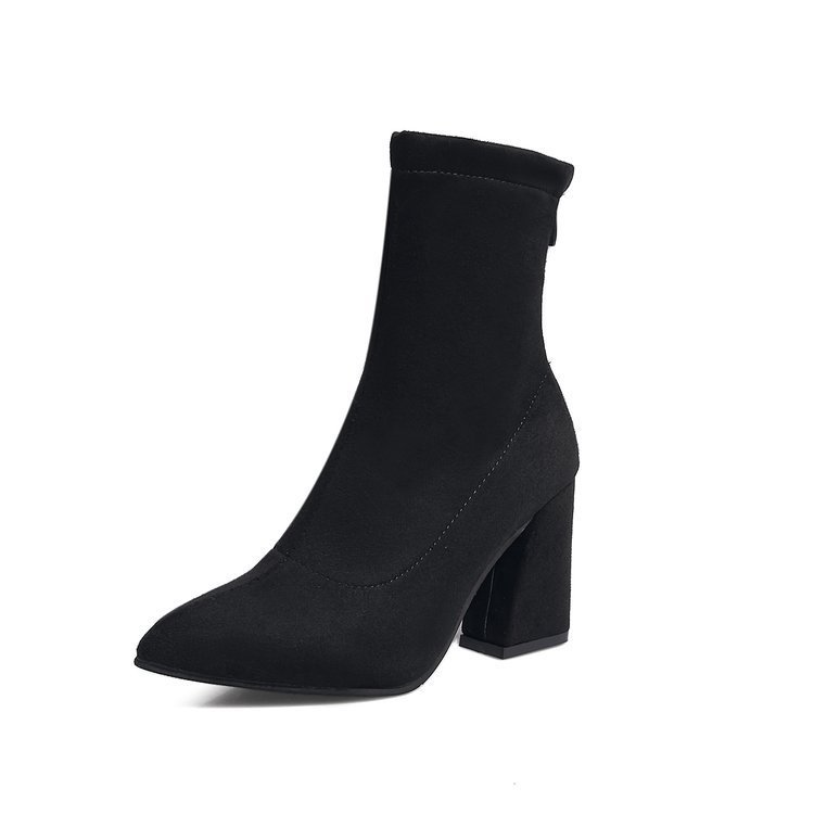 Black suede pointed toe heel high heel ankle boots