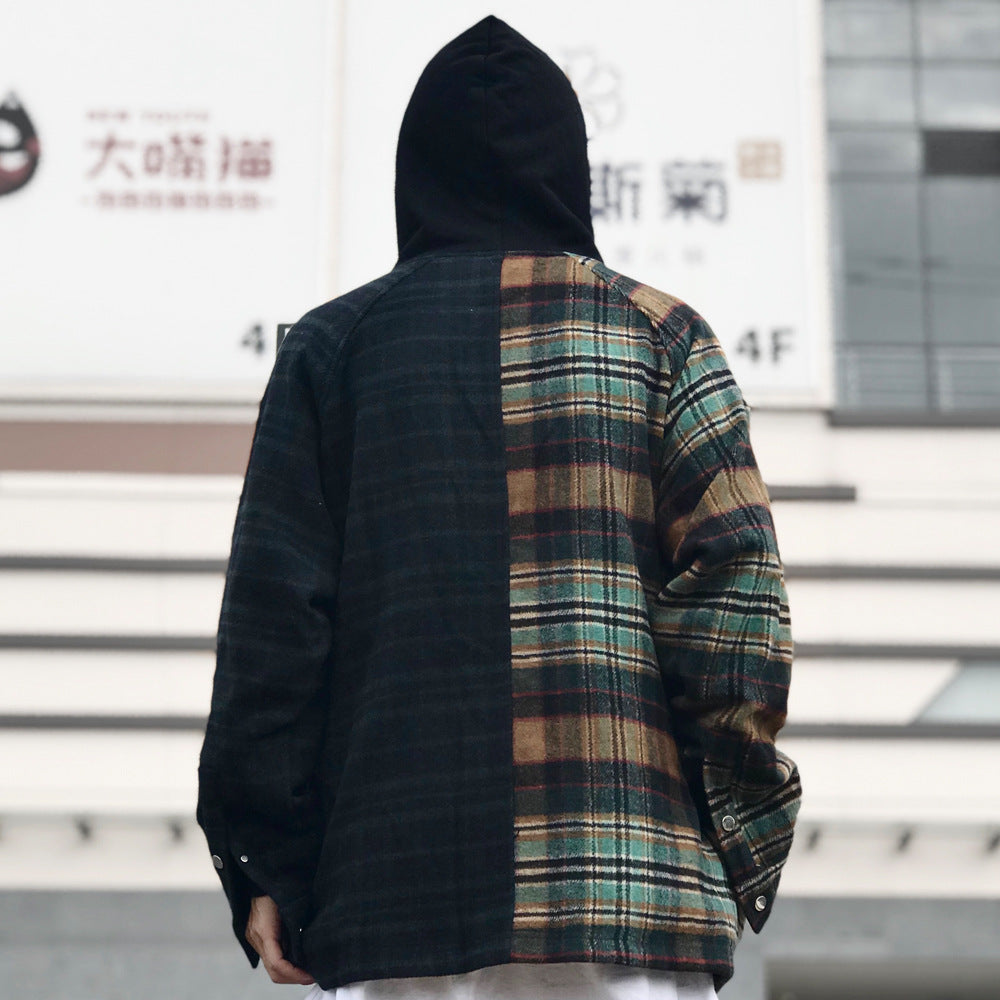 Color Matching Stitching Plaid Hooded Loose Cardigan Jacket European And American Style Hoodie