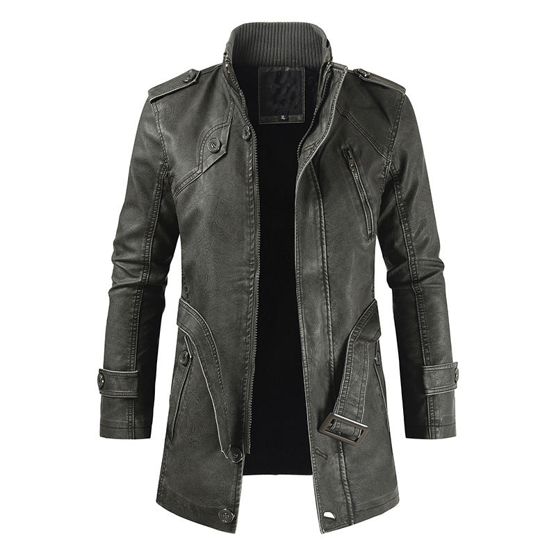 Trendy casual men's mid-length slim-fit cold-proof leather jacket