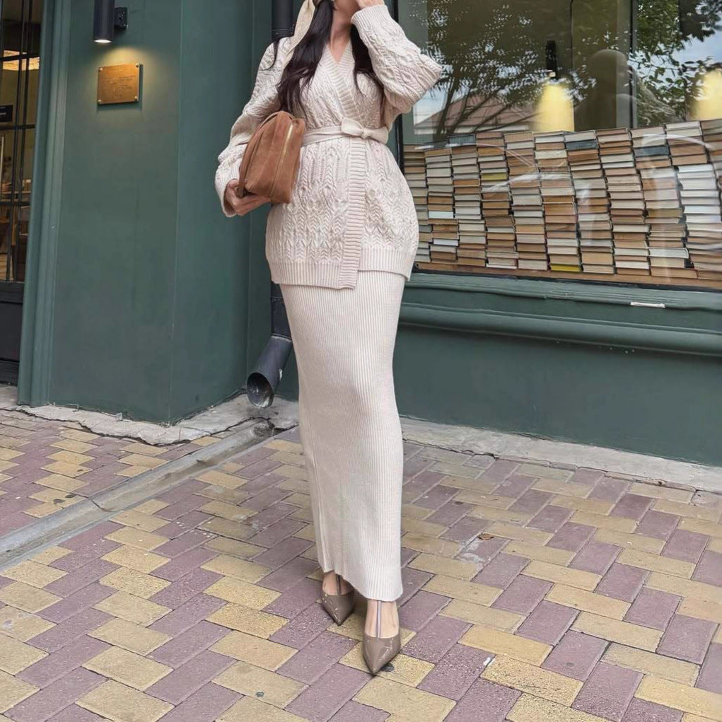 V-neck Cardigan With Tie Details, A Loose-fitting, Versatile Knit Sweater Dress Set