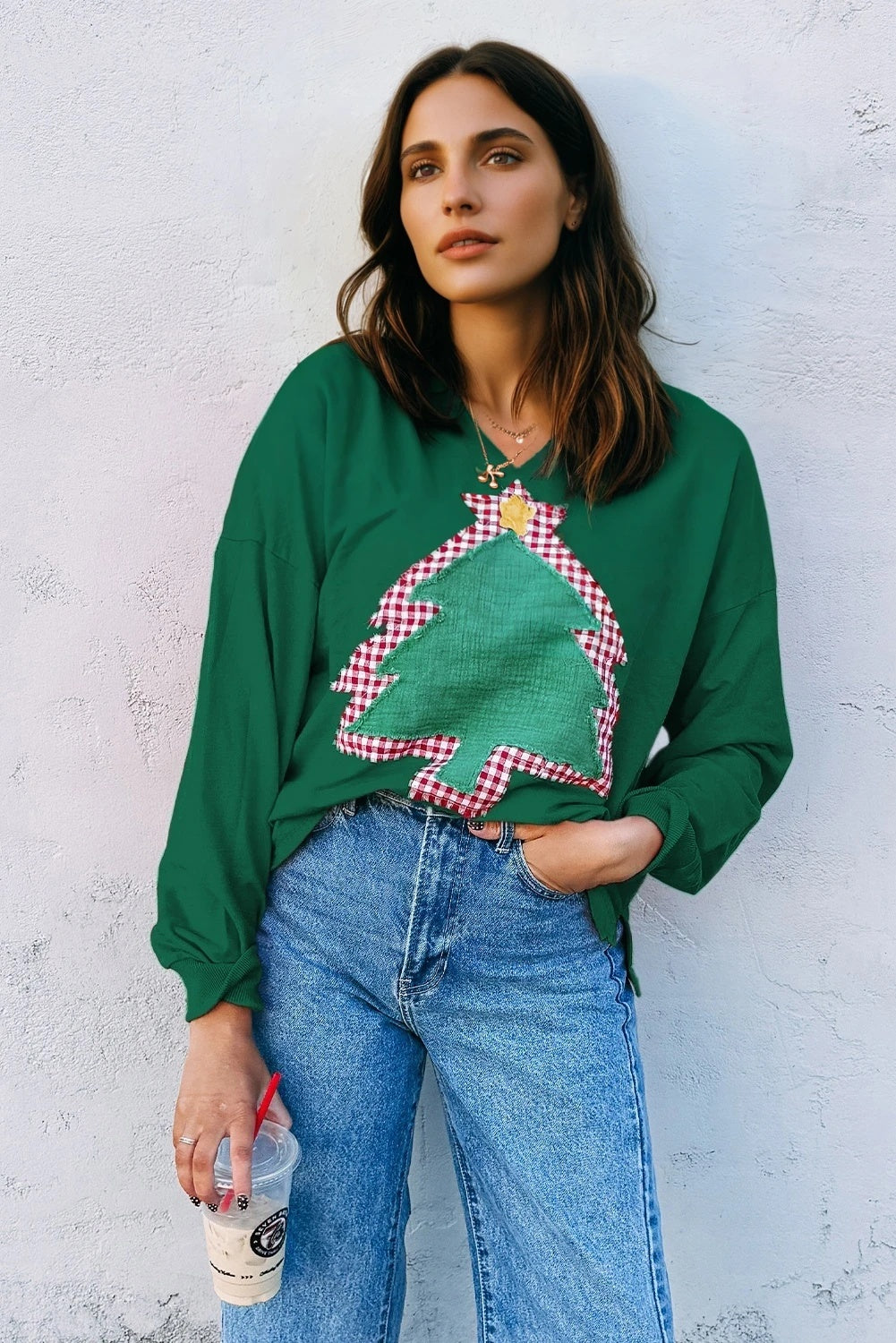Dame juletræslappet off-shoulder sweater