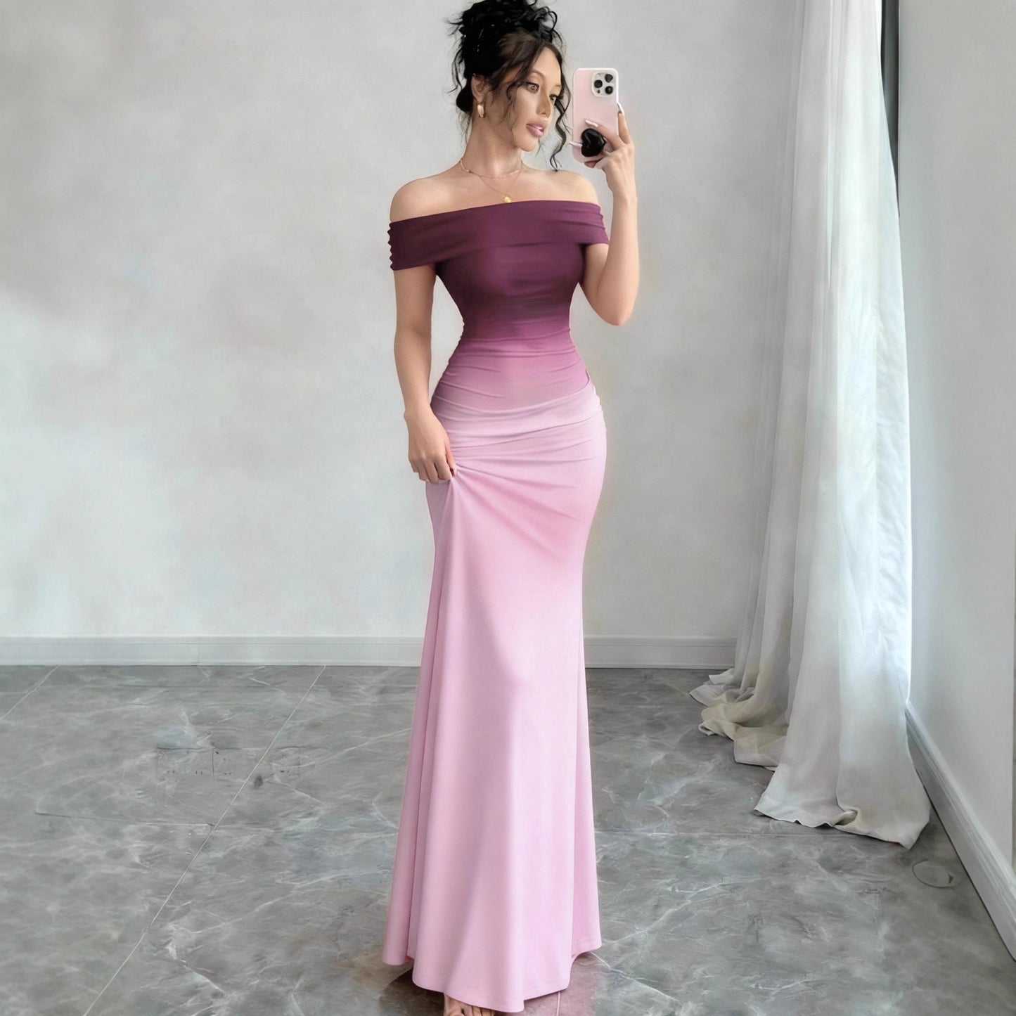 Gradient One Shoulder Sheath Maxi Dress