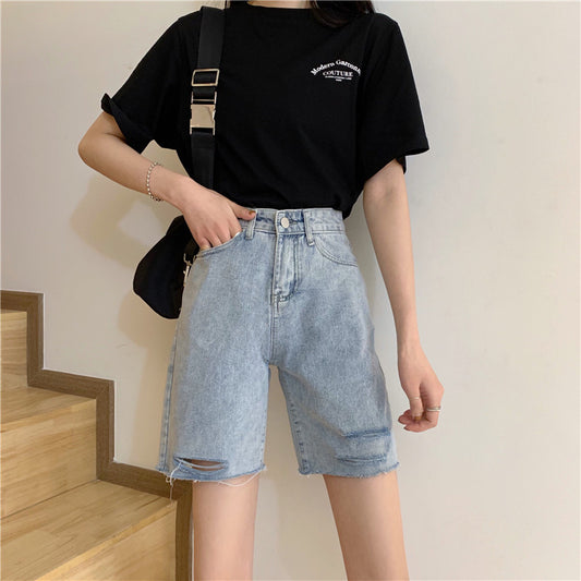 High-waisted slim-hole ruffled five point jeans
