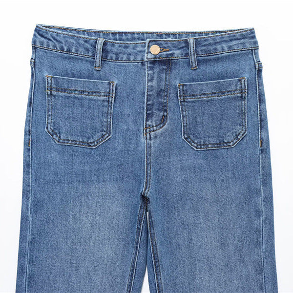 European And American Style Fashion Simple Stickers Pocket Decoration High Waist Jeans