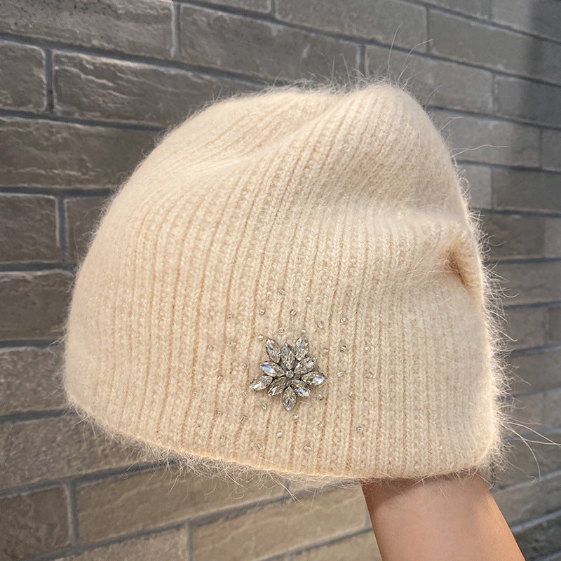 Women's Rabbit Hair Knitted Hat Thickened Warm Rhinestone Flowers