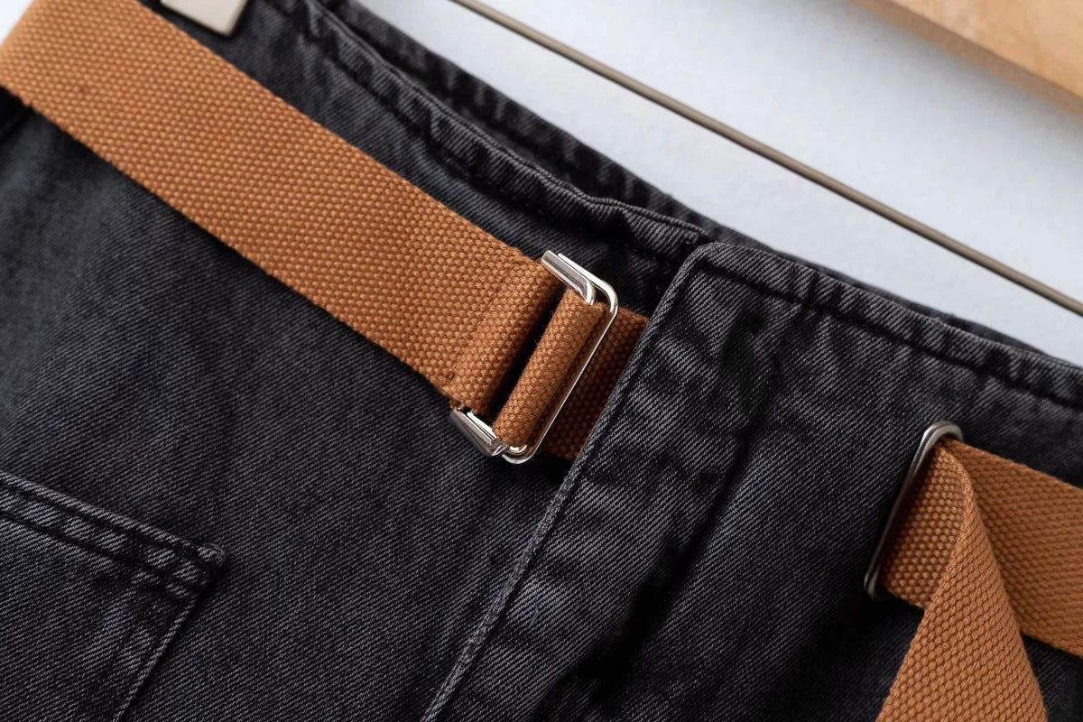 Ladies Polyester Denim Daddy Pants With Belt