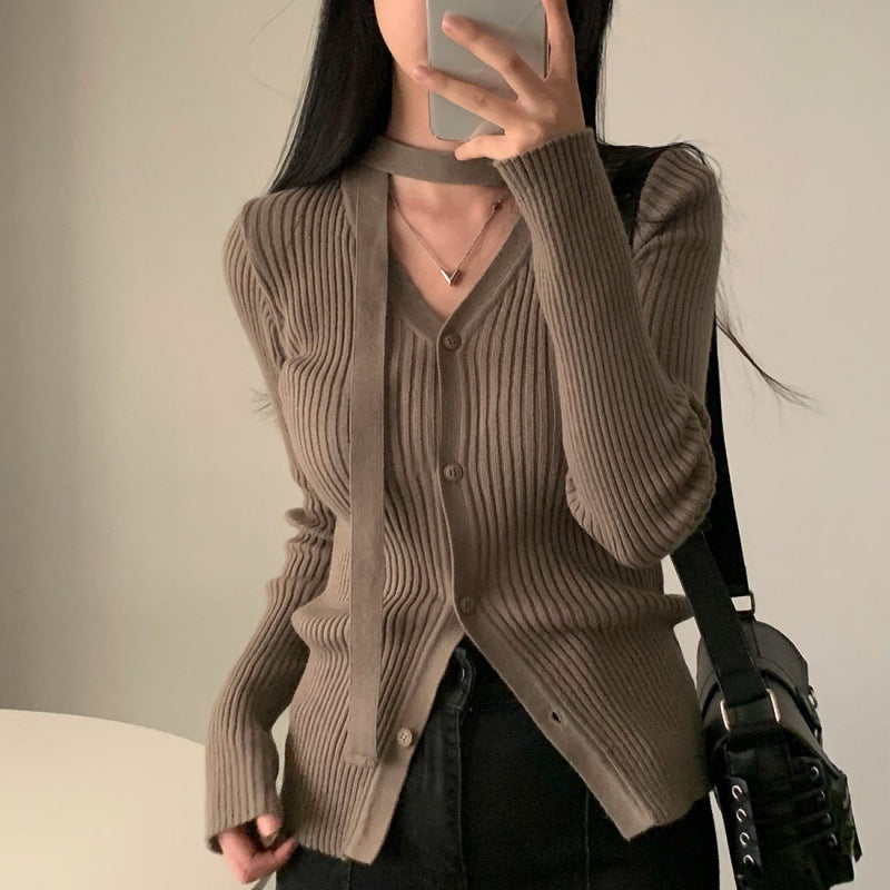 V-neck Single Breasted Slim Fit Slimming Sweater