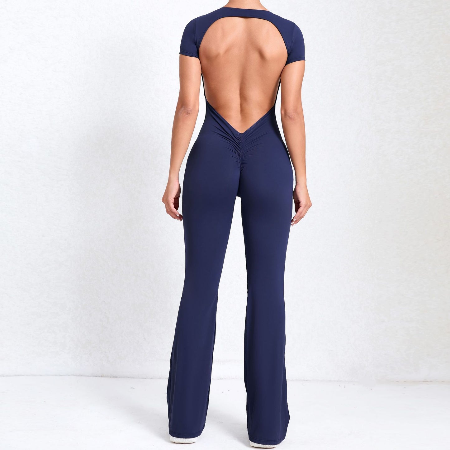 Bare Back Short Sleeve Nude Feel Yoga Outer Wear Fitness Sports Jumpsuit