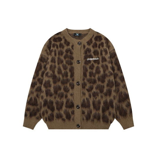 Retro Personalized Leopard Print Knitted Sweater Cardigan
