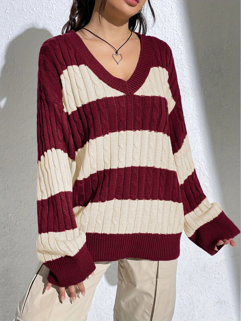 Contrast Color V-neck Loose-fitting Long Sleeve Sweater Women