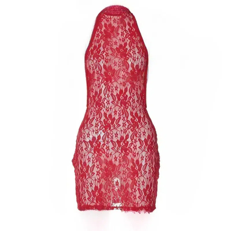 Womens Sexy Backless Lace See-Through Halter Dress