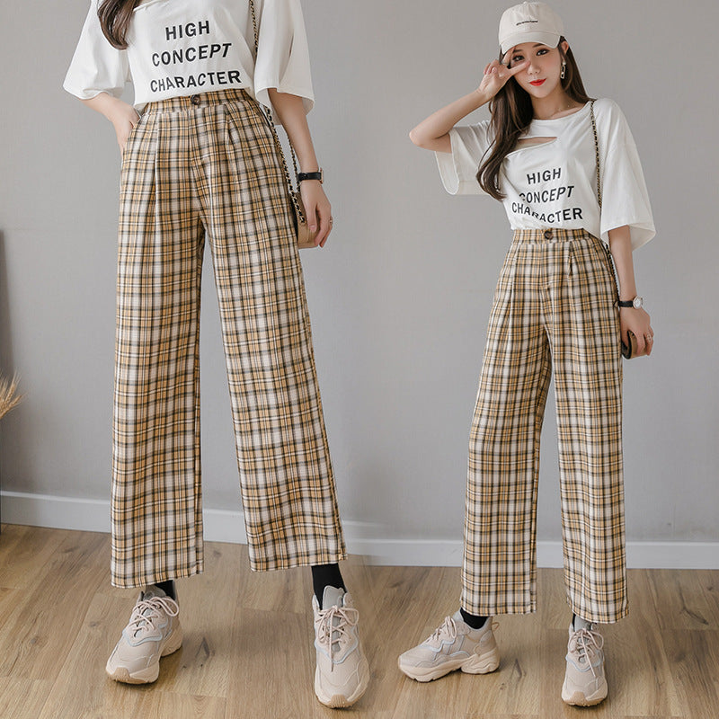 Cotton and linen checked wide-leg pants