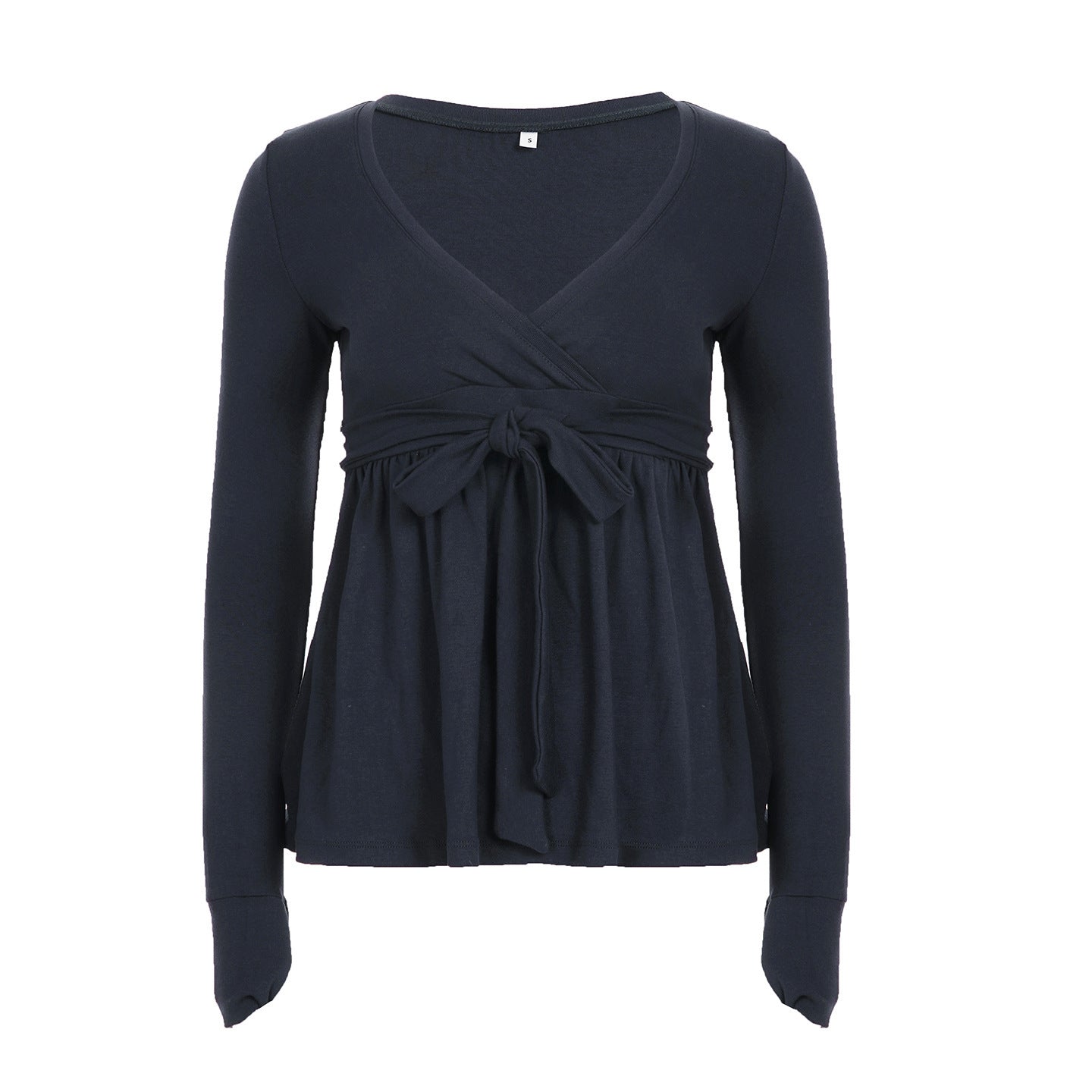 Cross-neck Tie-up Ruffled Loose-fit Lace Bow Long Sleeve