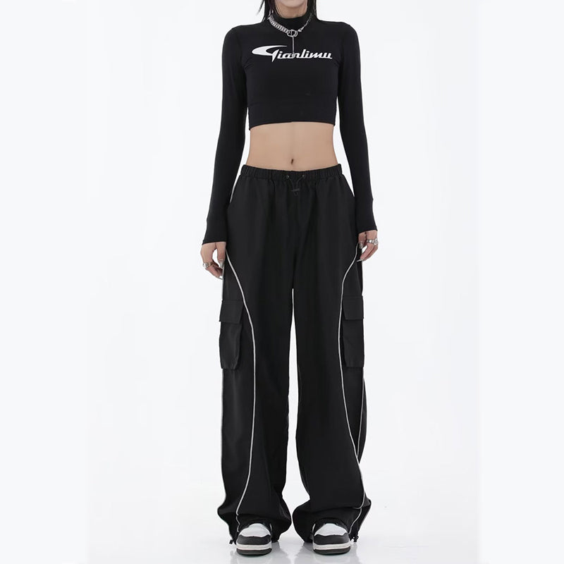 Skinny Black Sports Pants Functional Retro High Waist Loose All-matching
