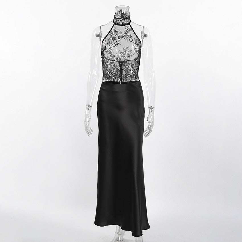 Black Lace Sheer Halter Top And Satin High-waisted Skirt Two-piece Set