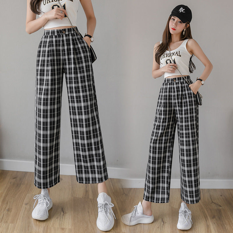 Cotton and linen checked wide-leg pants