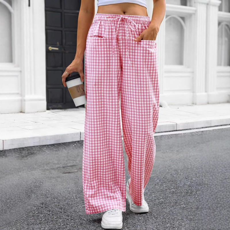 High-waisted Wide-leg Plaid Drawstring Loungeleisure Pants