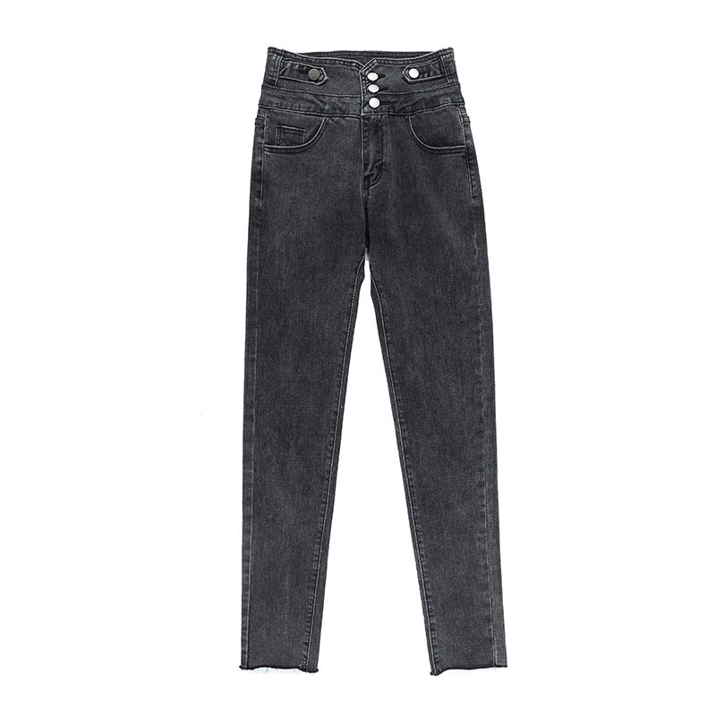 Women's high waist stretch jeans with small feet autumn