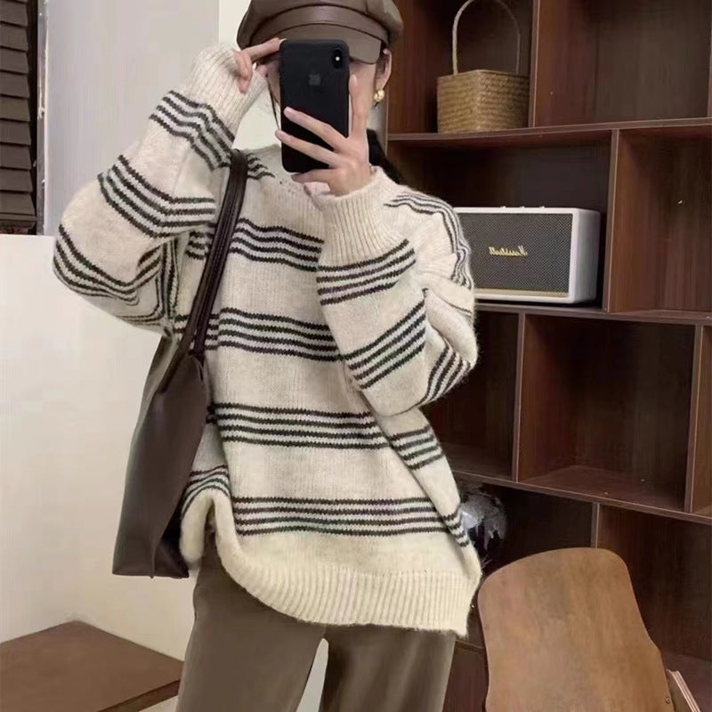 Outer Wear Inner Wear Idle Style Round Neck Long Sleeve Top Stripes