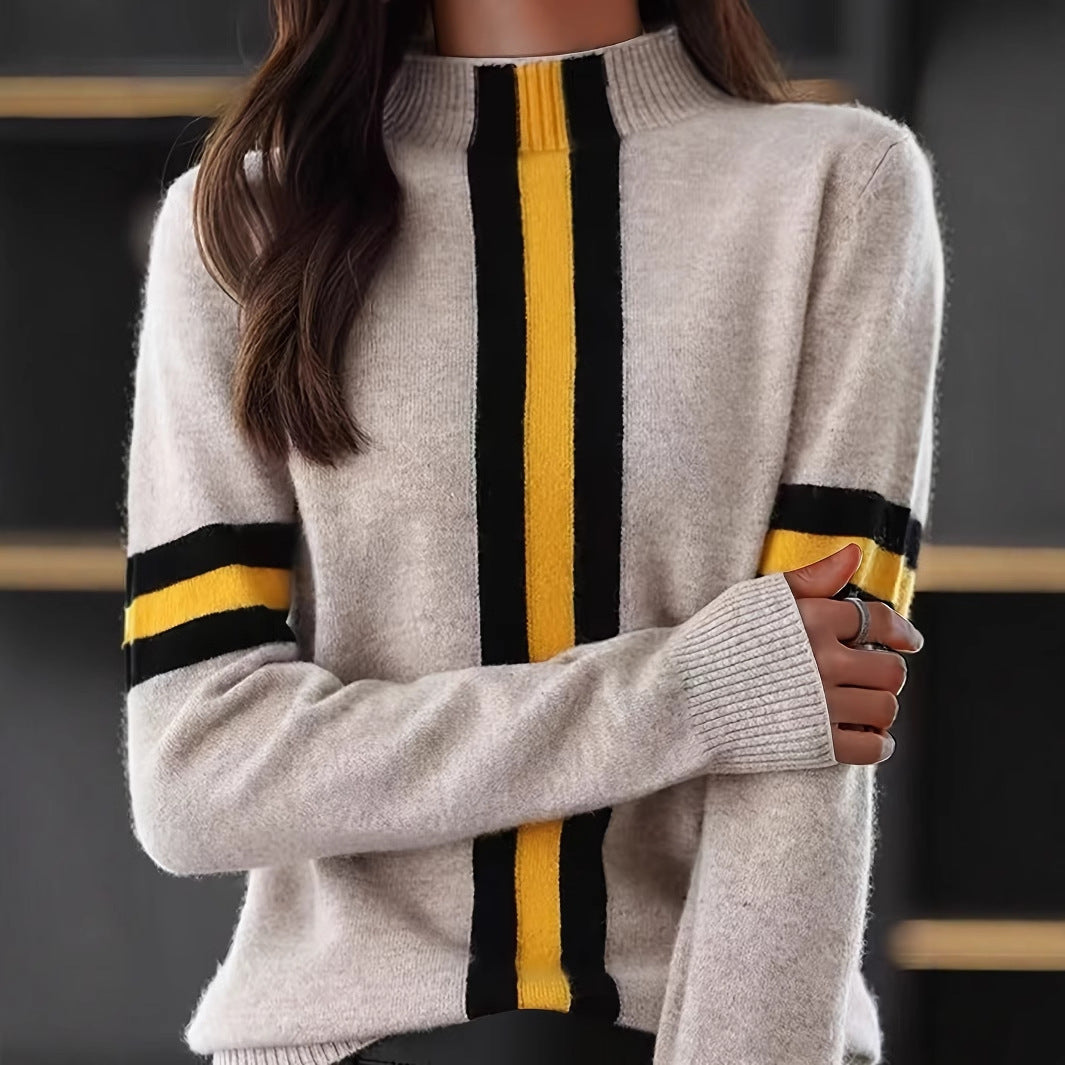Women's Semi-High Neck Color-Block Elegant Knit Sweater
