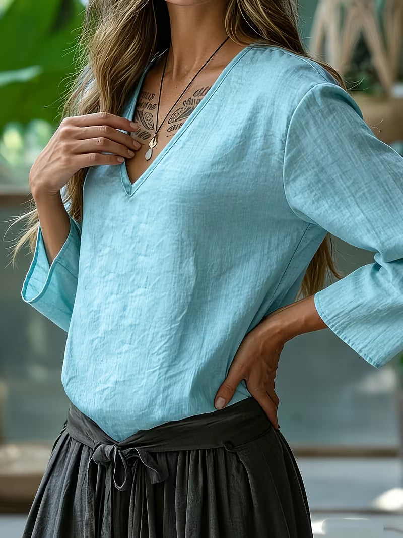 Loose Solid Color V-neck Nine Quarter Sleeved Cotton And Linen T-shirt